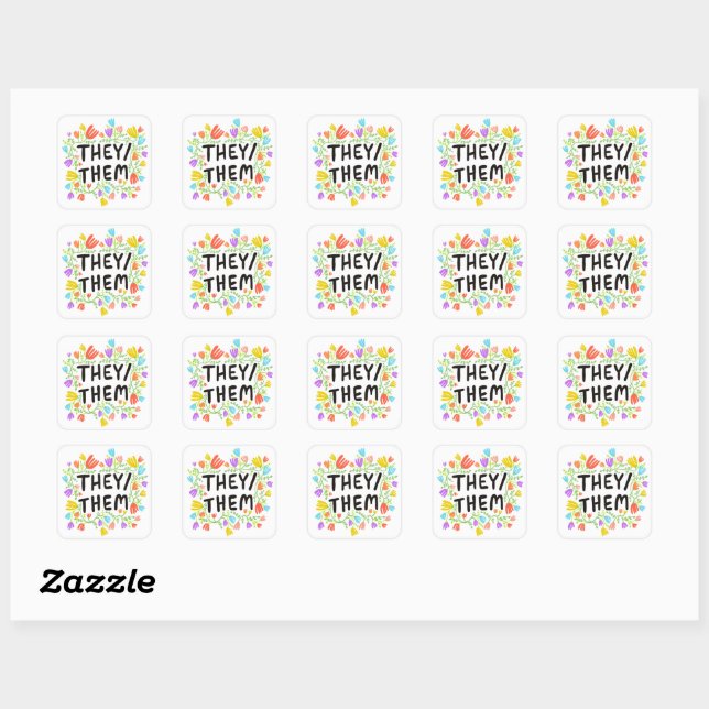 THEY / THEM Pronouns Floral Handlettering Set von Quadratischer Aufkleber (Blatt)