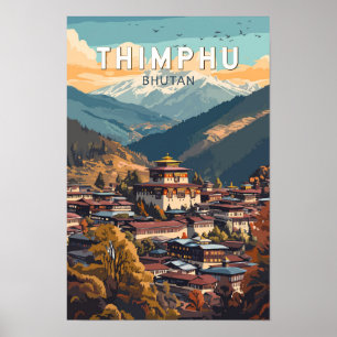 Thimphu Bhutan Illustration Travel Art Vintag Poster