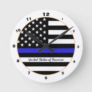 Thin Blue Line & American Flag Police / US-Büro Runde Wanduhr