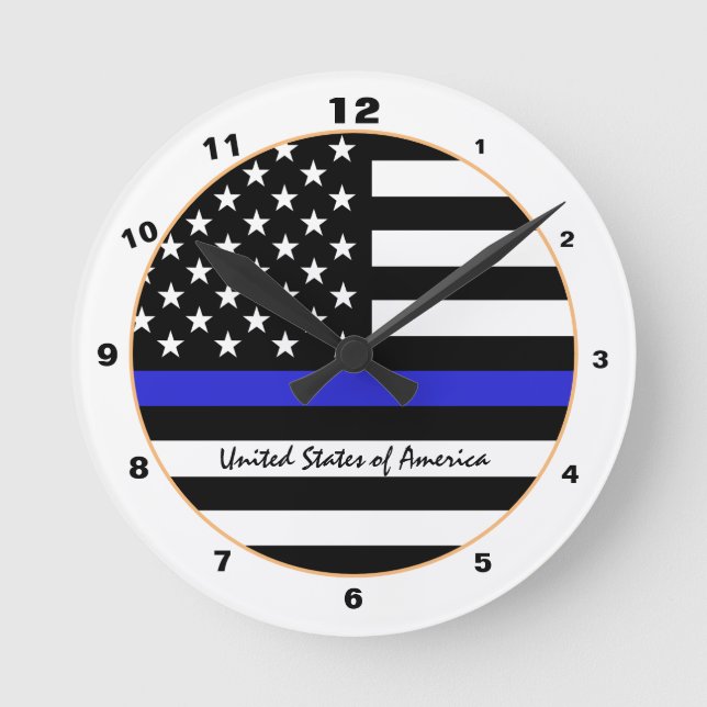 Thin Blue Line & American Flag Police / US-Büro Runde Wanduhr (Vorderseite)
