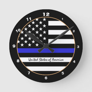 Thin Blue Line & American Flag Police / US-Büro Runde Wanduhr