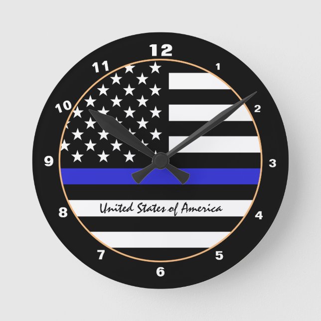 Thin Blue Line & American Flag Police / US-Büro Runde Wanduhr (Vorderseite)