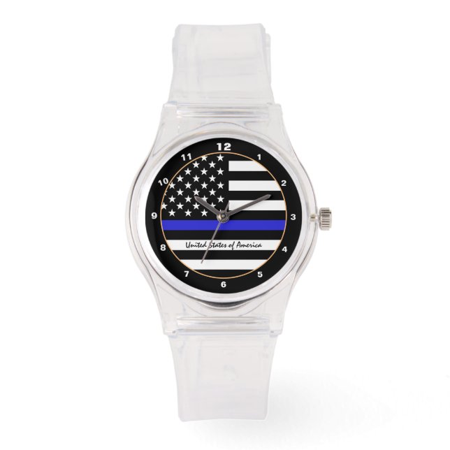 Thin Blue Line & American Flag Police / USA klar Armbanduhr (Vorderseite)