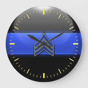 Thin Blue Line - Blau/Gelb Sergeant Streifen Larve Große Wanduhr