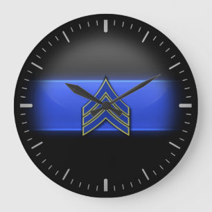Thin Blue Line - Blau/Gelb Sergeant Streifen Larve Große Wanduhr