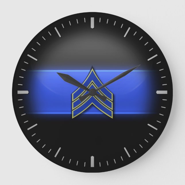 Thin Blue Line - Blau/Gelb Sergeant Streifen Larve Große Wanduhr (Vorderseite)