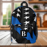 Thin Blue Line Personalisiert Monogram Police Bedruckter Rucksack<br><div class="desc">Die Einführung unseres Thin Blue Line Flag Backpack ist der perfekte Weg, um unsere mutigen Strafverfolgungsbeamten zu unterstützen. Dieser Rucksack zeigt stolz die amerikanische Flagge mit einer modernen Drehung, mit der Thin Blue Line und den US Flagge. Es ist das perfekte Geschenk für Polizeibeamte, Kinder oder alle, die will, ihren...</div>