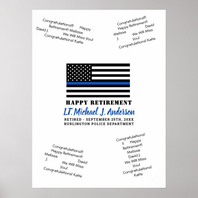 Thin Blue Line Police Retirement Gästebuchplakat Poster (Vorne)