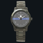 Thin Blue Line Serviceman Watch Armbanduhr<br><div class="desc">Eine elegante monogramm schwarz, weiß, blau gestreifte Armbanduhr mit einem Spot für den Namen Ihres Geschenkempfängers und dem ersten Monogramm Ihres Nachnamen. Ein großartiges Geschenk für jeden, der Teil der Polizei ist, derzeit im Dienst oder pensioniert.</div>