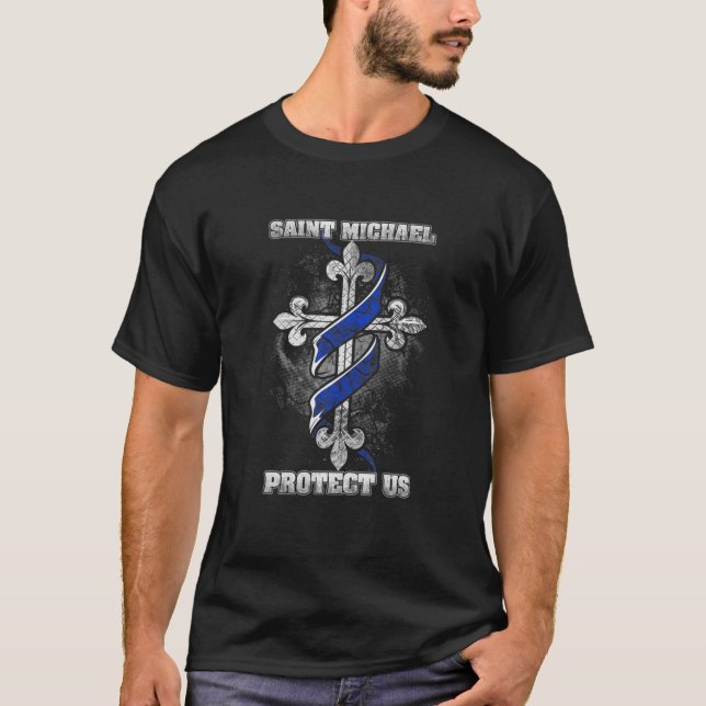 Thin Blue Line St. Michael Protect Us T-Shirt (Vorderseite)