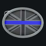 Thin Blue Line Union Jack Design Ovale Gürtelschnalle<br><div class="desc">Ein Thin Blue Line Symbol auf einem fett schwarzen UniJack British Flag Design über Motiv. Eine Designanweisung, die auch bei formellen und lässigen Anlässen einen Eindruck hinterlassen wird. Ein tolles Last Minute Geschenk für sich selbst oder für jemanden, der auf Ihrer Liste besonders ist. Designs sind in einer Auswahl beliebter...</div>