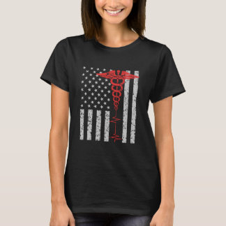 Thin Red Line Nurse Caduceus American Flag T-Shirt