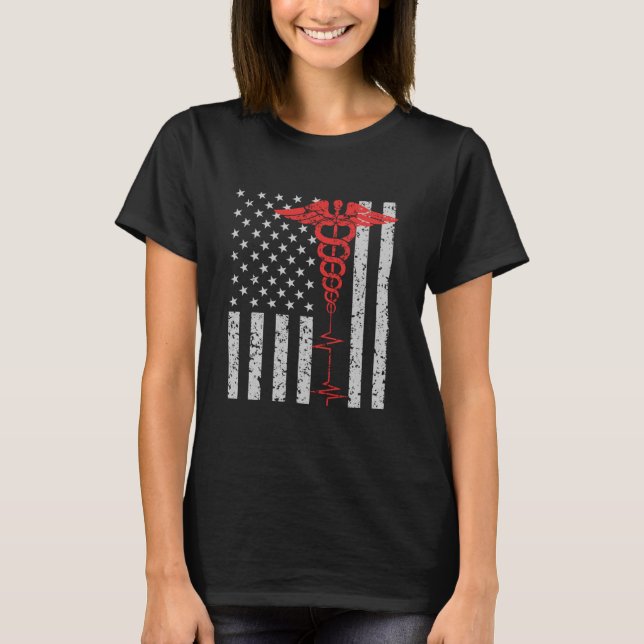 Thin Red Line Nurse Caduceus American Flag T-Shirt (Vorderseite)