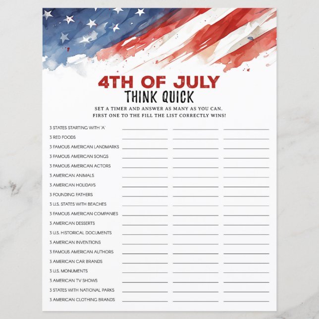 Think Quick 4. Juli Party Game (Vorderseite)