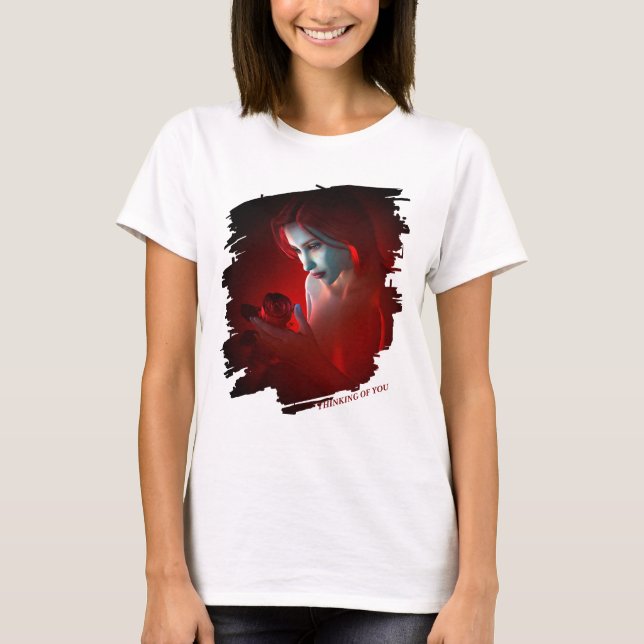 Thinking of You. Beautiful woman holding a rose T-Shirt (Vorderseite)