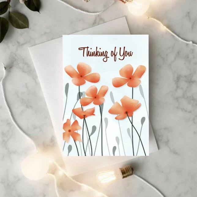 Thinking of You Poppy Get Well Card Karte (Front cover of a minimal poppy get well card with soft light and “Thinking of You” message)