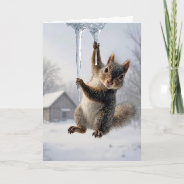 Thinking of You Squirrel Hanging From an Icicle Karte (Vorderseite)