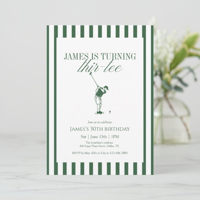 Thir-Tee Golf 30th Birthday Green Stripe Einladung (Stehend Vorderseite)