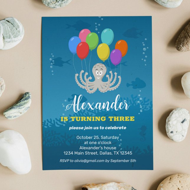 Third Birthday Party Octopus Balloons Invitation Einladung (Von Creator hochgeladen)
