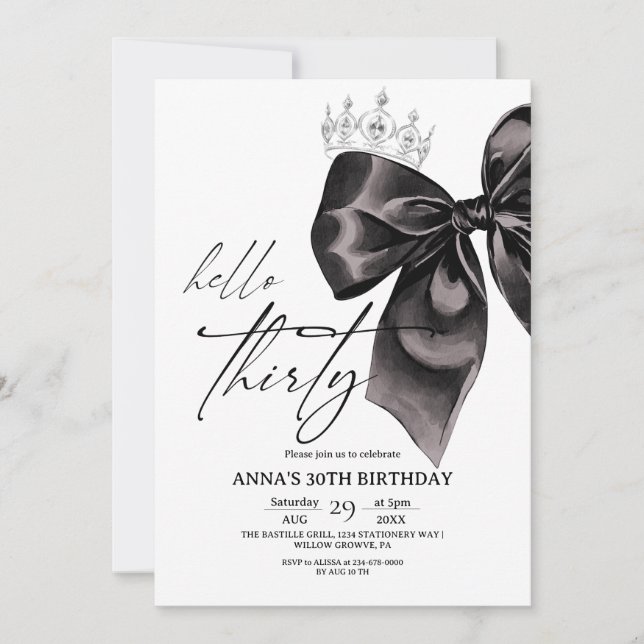 Thirty Black Bow 30th Birthday Invitation (Devant)