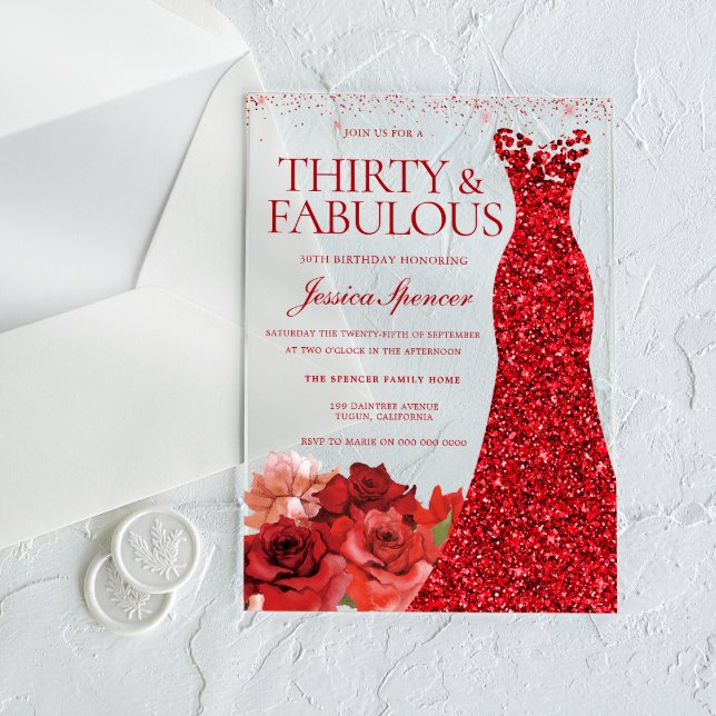 Thirty & Fabulous! Red Dress 30th Birthday Party Acryleinladungen (Von Creator hochgeladen)