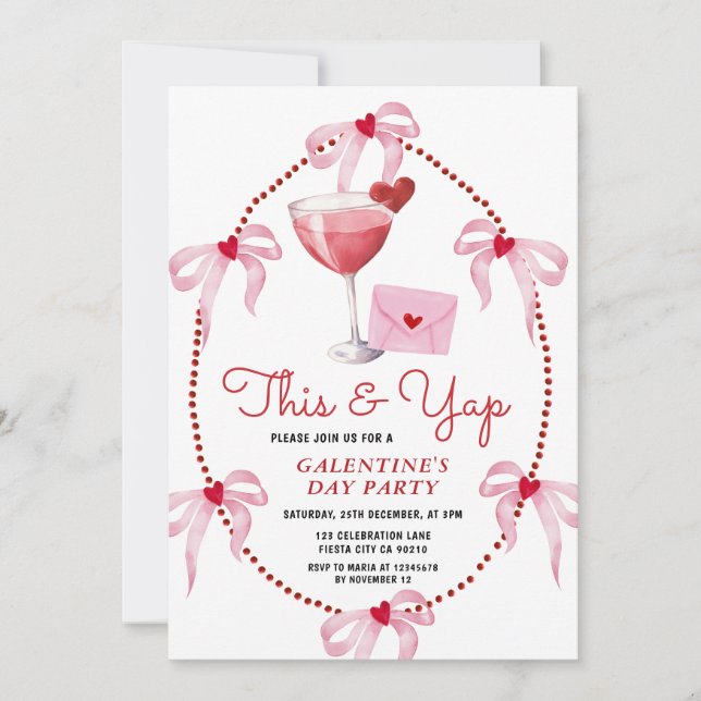 This and Yap Pink Bow Galentine's Day Party Einladung (Vorderseite)