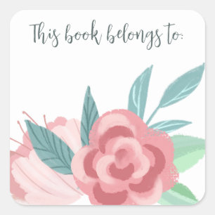 This Book Belongs To Pink Floral Quadratischer Aufkleber