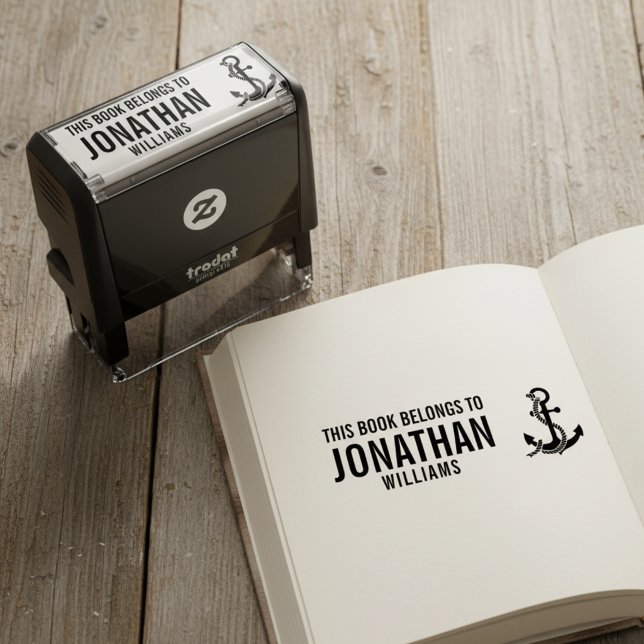 This Book Belongs To Stamp with Anchor Permastempel (This book belongs to custom name pre inked stamp with nautical anchor.)