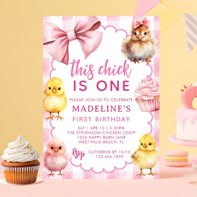 This Chick Is One Pink Chicken 1st Birthday Party Einladung (Von Creator hochgeladen)