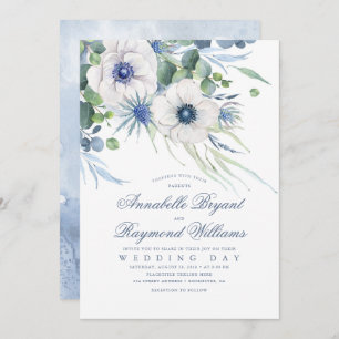 Thistle Anemone Greenery Dusty Blue Wedding Einladung