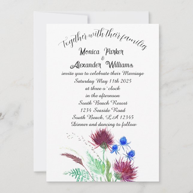 Thistle Botanical Elegante Einfache Hochzeit Einladung (Vorderseite)