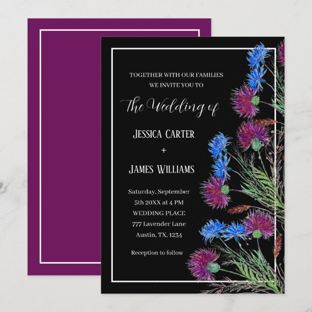 Thistle Cornflowers Wasserfarbe Rustikale Hochzeit Einladung (Vorne/Hinten)