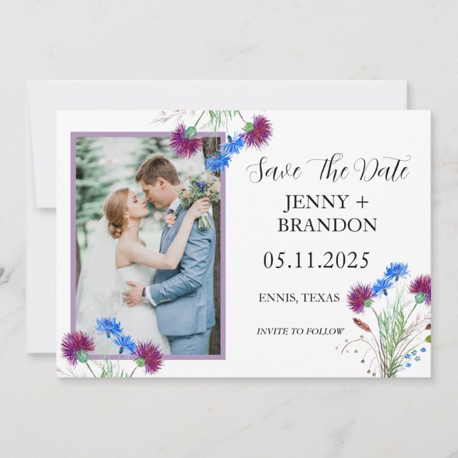 Thistle Elegant Schottisches Lila florales Foto Save The Date (Vorderseite)