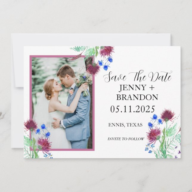 Thistle Elegant Schottisches Lila florales Foto Save The Date (Vorderseite)