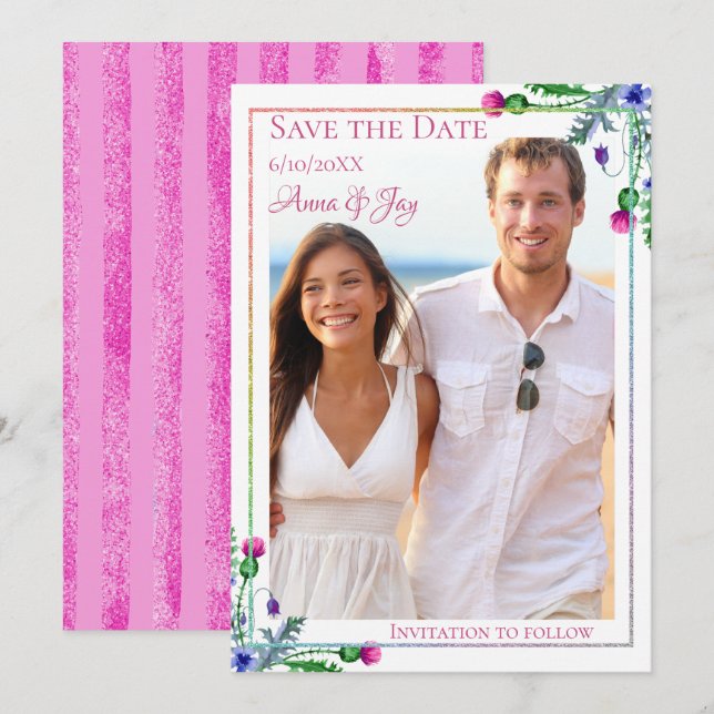 Thistle Floral Foto Save the Date Einladung (Vorne/Hinten)