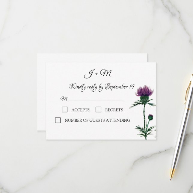Thistle Floral Scottish Watercolor Wedding RSVP (Vorderseite/Rückseite Beispiel)
