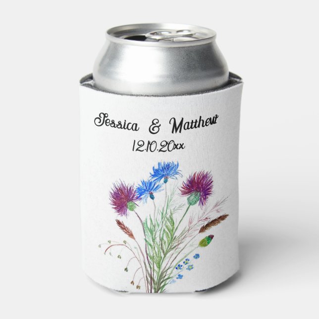 Thistle Lila florale Scotland Wasserfarbenhochzeit Dosenkühler (Kanne Vorderseite)