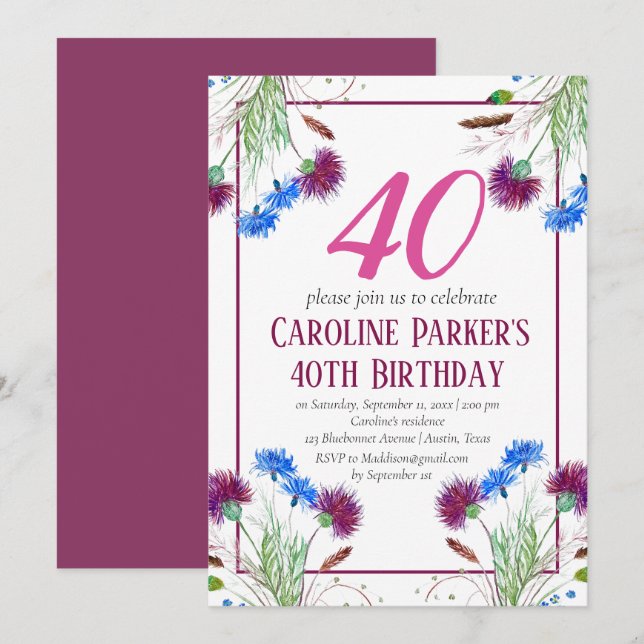 Thistle Scottish 40 th Birthday Lila Floral Einladung (Vorne/Hinten)
