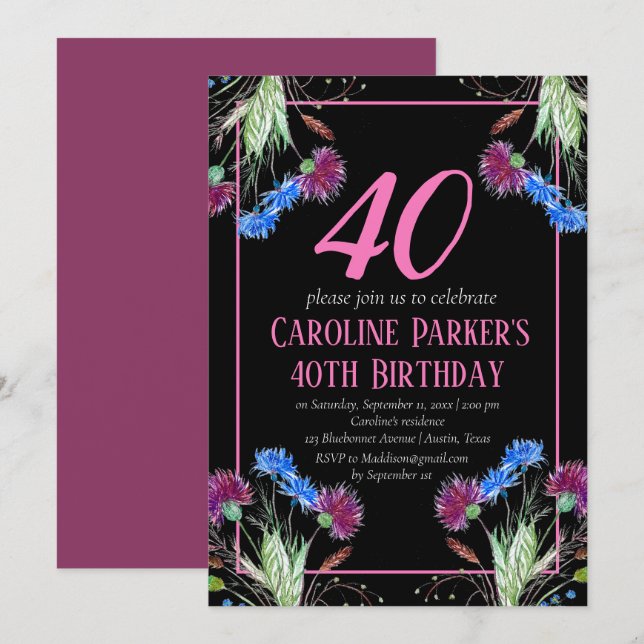 Thistle Scottish 40 th Birthday Lila Floral Einladung (Vorne/Hinten)