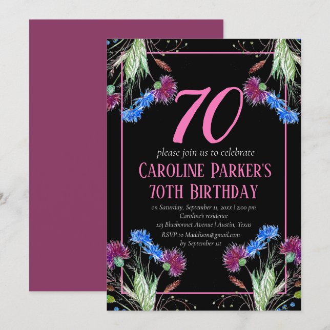 Thistle Scottish 70 th Birthday Lila Floral Einladung (Vorne/Hinten)