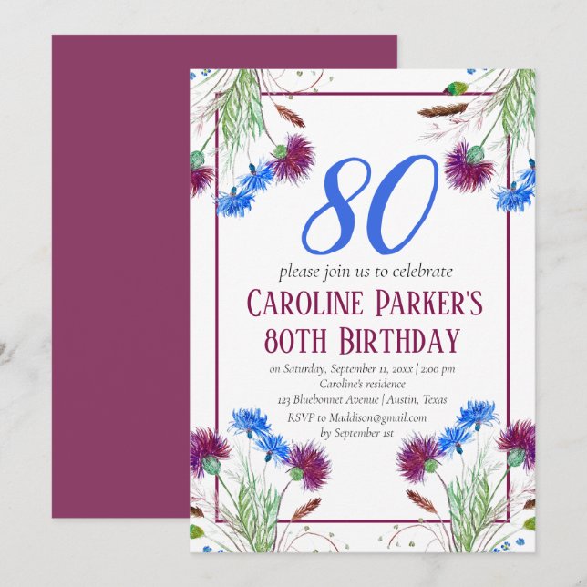 Thistle Scottish 80 th Birthday Lila Floral Einladung (Vorne/Hinten)