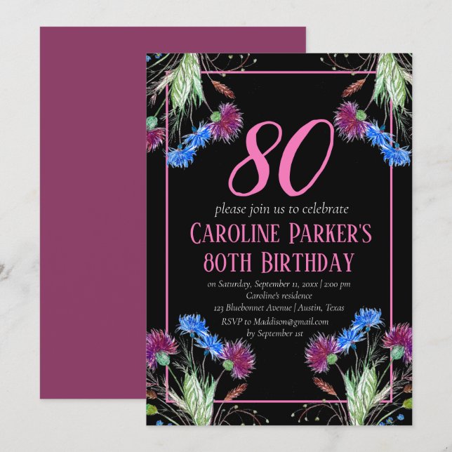 Thistle Scottish 80 th Birthday Lila Floral Einladung (Vorne/Hinten)
