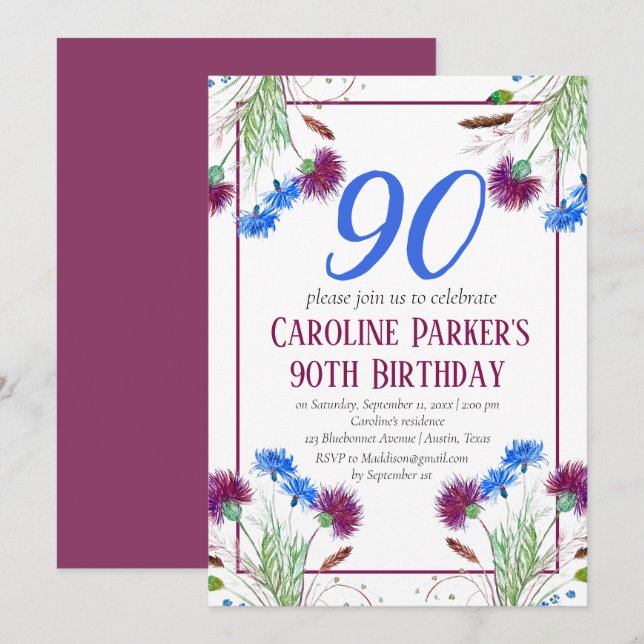 Thistle Scottish 90th Birthday Lila Floral Einladung (Vorne/Hinten)