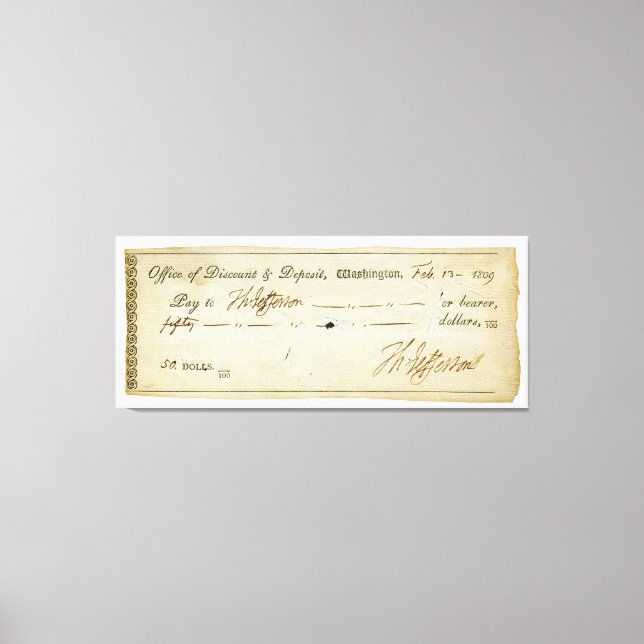 Thomas Jefferson Signature auf Bank Karo 1809 Leinwanddruck (Vorderseite)