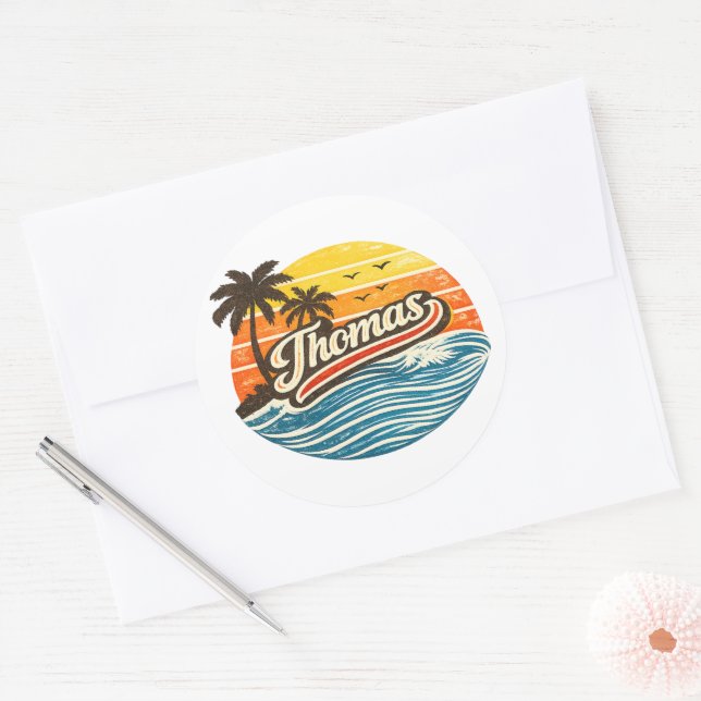 Thomas Retro-Sonnenuntergangs-Name-Design Runder Aufkleber (Umschlag)