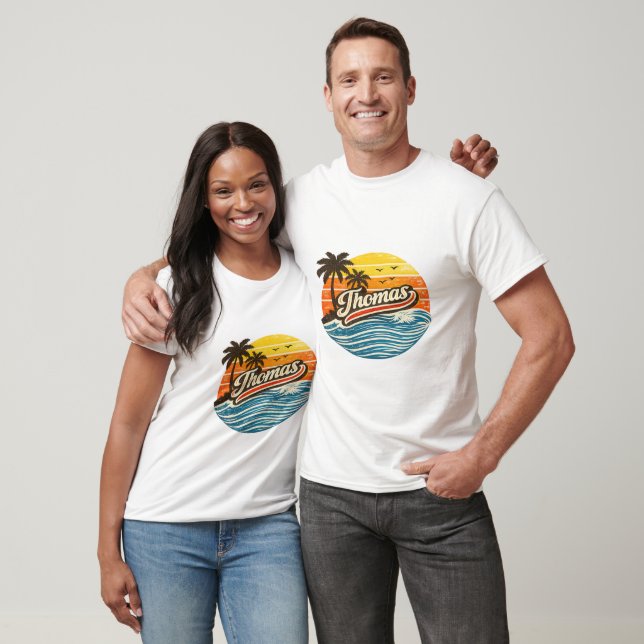 Thomas Retro-Sonnenuntergangs-Name-Design T-Shirt (Unisex)