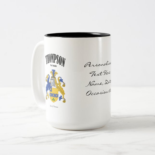 Thompson Familienwappen, Übersetzung und Bedeutung Zweifarbige Tasse (Vorderseite Links)