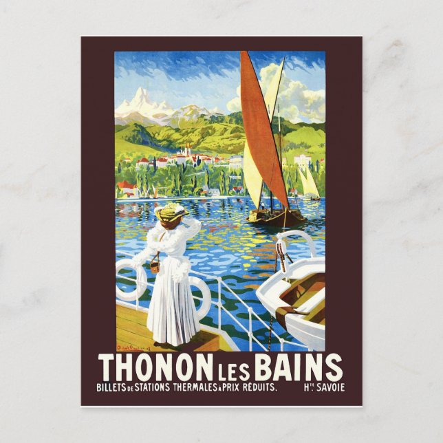 Thonon, Les Bains, Frau auf Yacht, Frankreich Postkarte (Vorderseite)