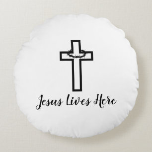 Thorn Cross Jesus lebt hier Wirbel Rundes Kissen