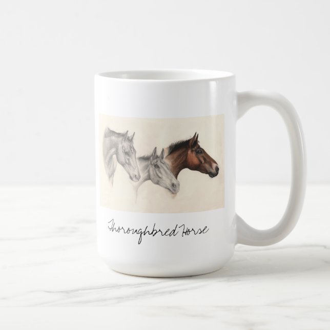 Thoroughbredpferd im Bleistift und in der Kaffeetasse (Rechts)
